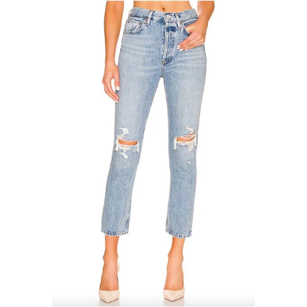 AGOLDE Riley High Rise Straight Crop Jeans Light Wash Size 26 Distressed Raw Hem
